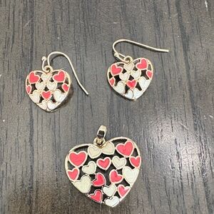 Gold Heart Earrings and Pendant Set with Red and Cream Accents